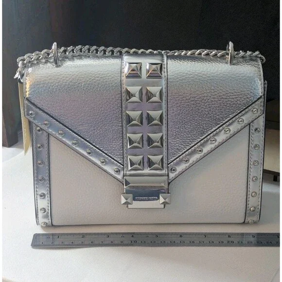 Michael Kors Studded Whitney Bag - Silver, White, Leather, Chain Strap, NWT - Picture 1 of 14